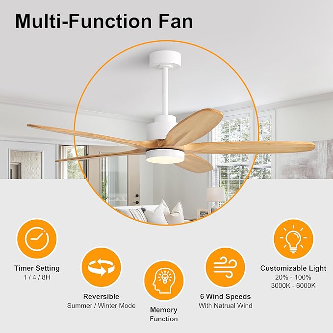 WINGBO 54" Ceiling Fan with Light - 5 Carved Solid Wood Blades, 6-Speed Reversible DC Motor, Dimmable, 3CCT, Noiseless Remote Control Ceiling Fans with Lights for Bedroom Living Room, White and Oak