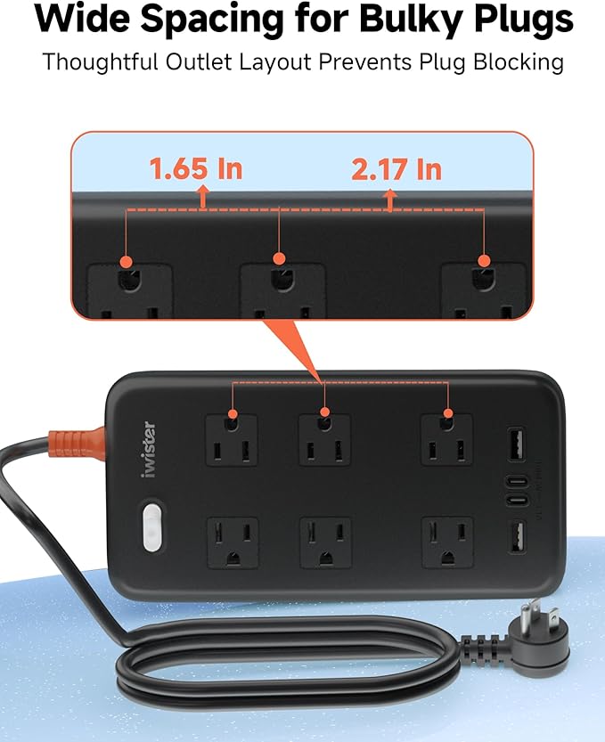 Outdoor Power Strip Weatherproof IPX6,1625W/13A 6 Ft Extension Cord,4 USB Ports & 6 Wide Outlets for Multiple Devices,Wall Mountable for Yard,Workshop,Poolside,RV Camping,Black