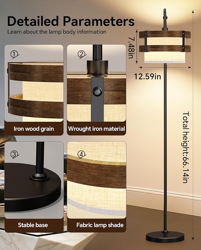 67" Industrial Floor Lamp with Wood & Black Metal Shade, Modern Standing Lamp, Rustic Farmhouse Tall Lamp for Living Room Bedroom Office, 2700K Bulb & Foot Switch Included (Black+ Wood -FL-2529)