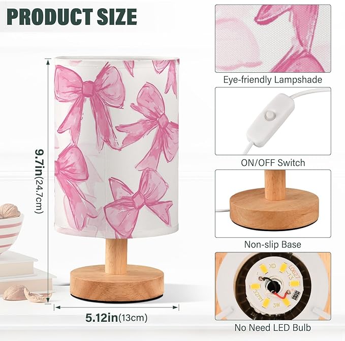 Bedside Table Lamp Pink Bow Printed Nightstand Lamp with Wood Desk Lamps for Bedroom Living Room Nursery Office Home Decor