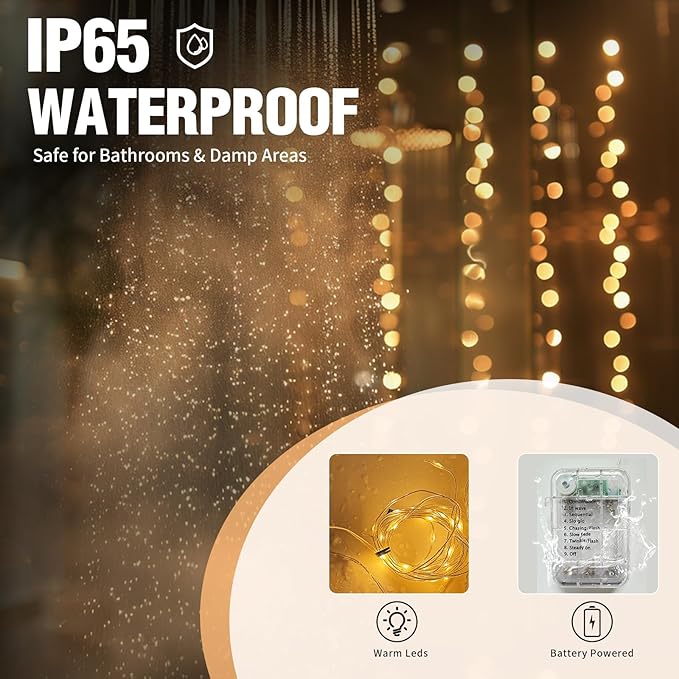 Waterproof LED Shower Curtain Lights - 72 Inch Fairy Lights for Bathroom, 8 Modes Warm White Spa Mood Lighting for Dark Bathrooms and Outdoor Décor (No Curtain)