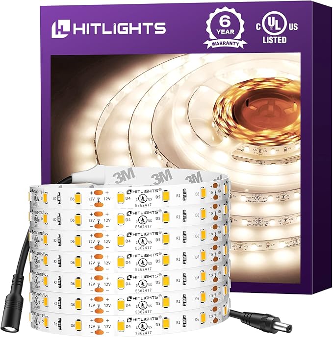 HitLights LED Strip Lights Neutral White 4000K, 16.4ft Dimmable Tape Light, 300LEDs, 150Lm/ft, CRI>90, UL Listed, 12V Flexible Rope Lights for Bedroom, Kitchen, Cabinet (Power Source Not Included)