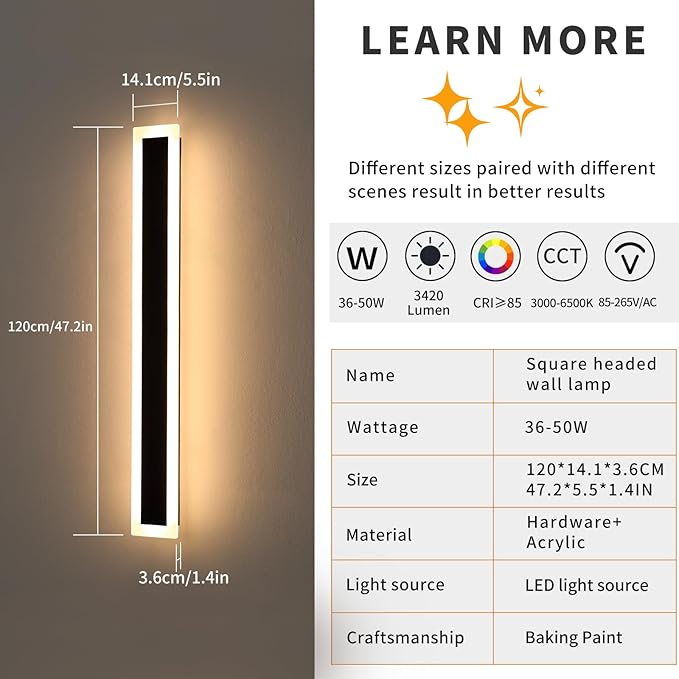Mikeru 2Pack 47.2inch Modern Outdoor Exterior Wall Light, 3000k/4500k/6000k 3 Colors Switchable Large Outdoor Fixture Wall Mount, Ip65 Waterproof Modern Long Porch Light, Hardwired (Width: 5.5inch)