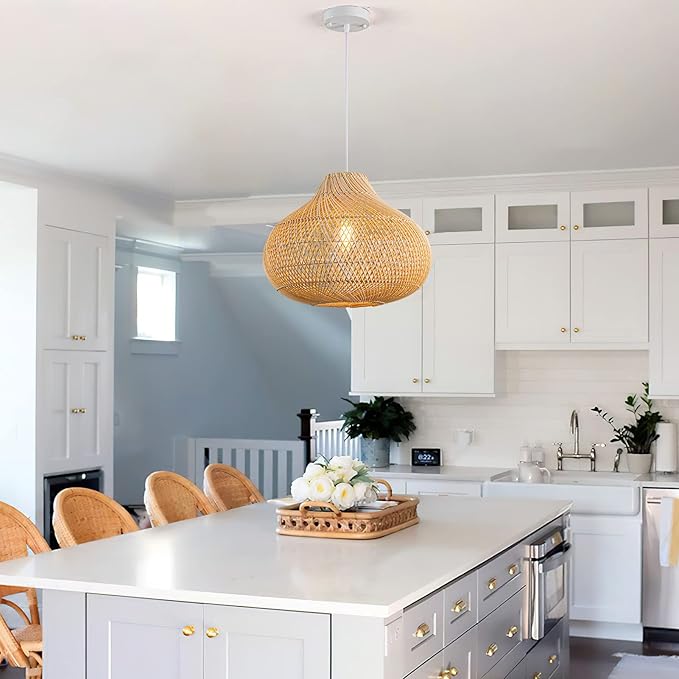 Rattan Pendant Light, 16.5" Hand-Woven Wicker Chandelier Boho Hanging Light Fixture, Farmhouse Natural Raindrop Basket Ceiling Light for Dining Room Kitchen Island Bedroom Living Room, E26