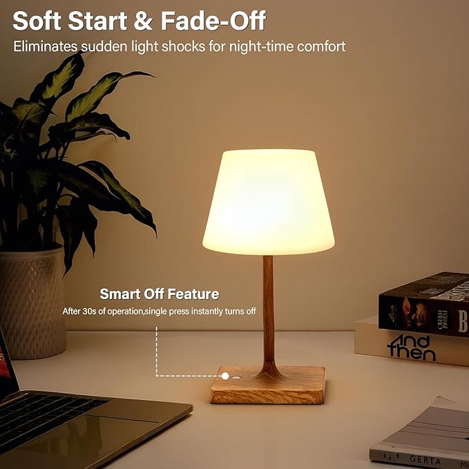 Cordless Table Lamp Waterproof,4000mAh Battery Rechargeable Desk Lamp for Indoor & Outdoor Use,3 Color-temps & Dimmable LED Night Light for Shower Bedroom Restaurant Bathroom Home 10.8"H- Wood Grain