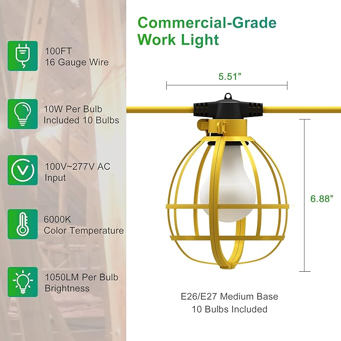 LEDIARY 100FT Construction String Lights, 10 Bulbs 100W 10500LM String Work Lights with 10 Medium Base Sockets, Linkable Jobsite Lights, Weatherproof Temporary Lighting Indoor&Outdoor