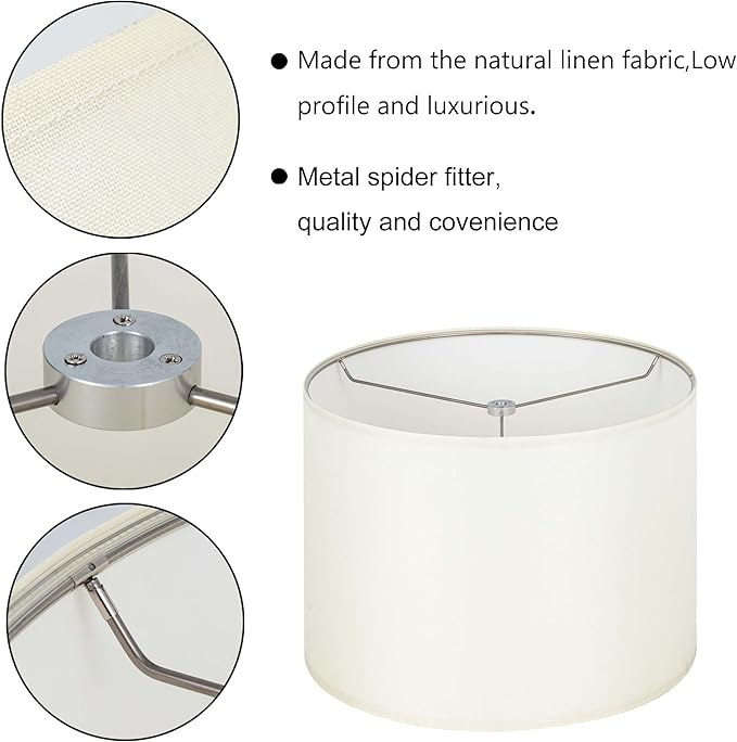 Wellmet Cream White Set of 2 Drum Lampshades, Easy Assembly Required 14" Top x 14" Bottom x 11" High Replacement Lamp Shades, Fabric Lampshades for Table Lamps Floor Lamps, Metal Spider Fitter