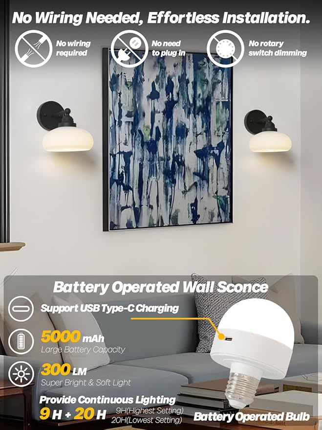 HEQIQEH Remote Wall Sconce with Milky Oval Glass Shade, Matte Black Vintage Wall Light Fixture with Timer, 15 Color Rechargeable LED Bulb, No Hardwiring Required for Indoor Wall Mount Light