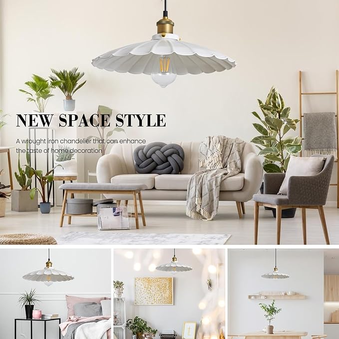 Plug in Pendant Light 13.8 Inch White Round Metal Shade Vintage Hanging Lamp Plug in 14Ft Adjustable Dome Industrial Hanging Plug in Light for Living Room 2Pack