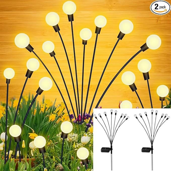 SUNYAO Solar Garden Lights, New Upgraded Solar Swaying Light, Sway by Wind, Solar Outdoor Lights, Firefly Light for Patio Decor, Big Bulb, & Heavy Bulb Base, Warm White(2 Pack)
