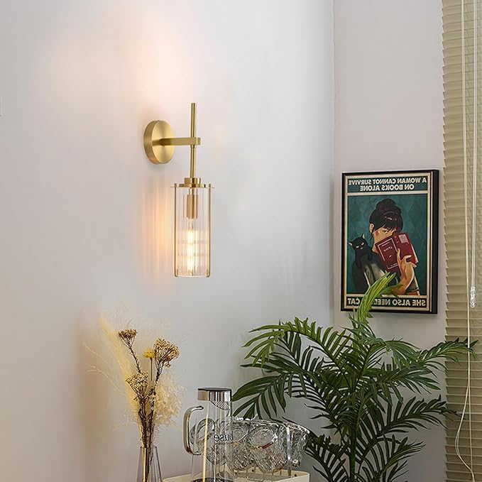 Modern Brass Wall Sconce,18" Gold Wall Sconces,Bathroom Vanity Light Fixtures with Vertical Striped Glass Tube,Modern Lamp Lighting for Bedroom,Living Room,Hallway,Staircase,Mirror