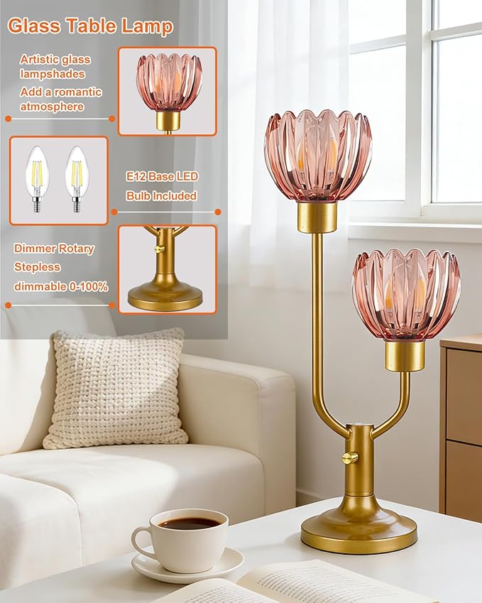 Lightdot Mid Century Modern Glass Table Lamp Gold Dimmable U-Shaped Desk Lamps with Deep Red Glass Shade& 2Pcs 3000K Warmwhite Bulbs Included Bedside Nightstand Lamp for Living Room Bedroom