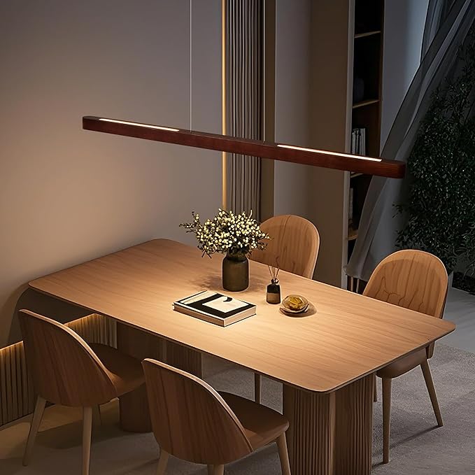 43" Wood Linear Pendant Light, Dimmable Kitchen Island Lighting with Remote, 24W LED Hanging Pendant Light, Adjustable Linear Chandelier for Dining Room, Kitchen Island, Bar, Office-Walnut