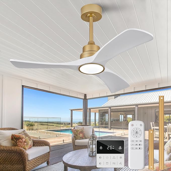 White Gold Ceiling Fans with Lights,42 inch Solid Wood Ceiling Fan with Remote Control,Wall Switch,Dimmable,Reversible,Power Off Memory Modern Ceiling Fan for Bedroom Patio Indoor/Outdoor Use