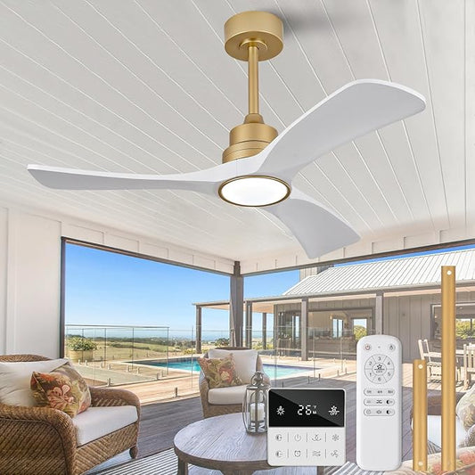 White Gold Ceiling Fans with Lights,42 inch Solid Wood Ceiling Fan with Remote Control,Wall Switch,Dimmable,Reversible,Power Off Memory Modern Ceiling Fan for Bedroom Patio Indoor/Outdoor Use
