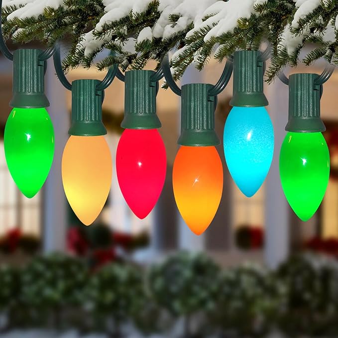 C9 LED Christmas Light Replacement Bulbs, 25 Pack C9 Ceramic Multicolor Glass Light Bulbs, Vintage Christmas Bulbs for Xmas Indoor Outdoor String Lights, E17/C9 Intermediate Base, 0.6 Watt