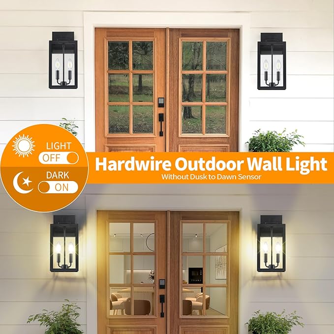 15.5" Black Outdoor Wall Lantern 2-Light, Outdoor Light Fixtures Modern Wall Sconces, Industrial Porch Light Large Outside Lights for House with E12 Sockets, Exterior Lamp Lighting, 1 Pack