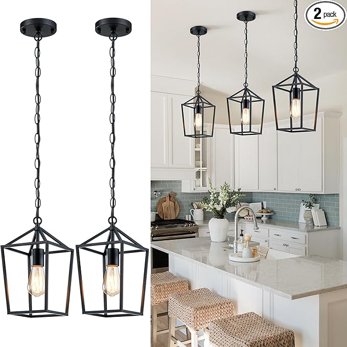 2-Pack Farmhouse Pendant Lights Kitchen Island, Black Pendant Light Fixtures Hanging Lamp for Dining Room, Modern Kitchen Pendant Lighting Over Island, Metal Cage Design
