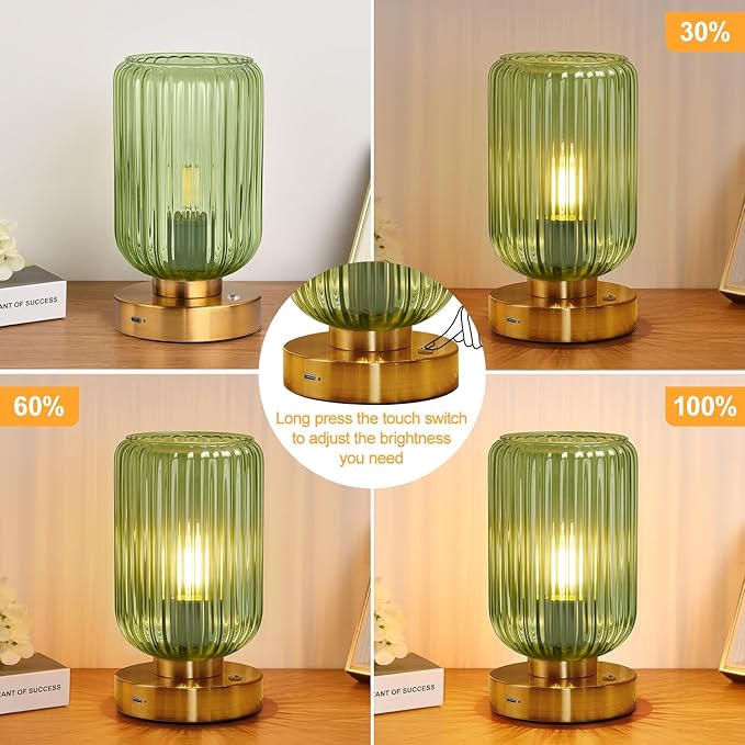 Cordless Table Lamp for Bedroom, 7500mAh Rechargeable Battery Operated Lamp, Modern Touch Dimmable Wireless Lamp Gold Base Green Glass Shade for Living Room, Desk, Led Bulb Included