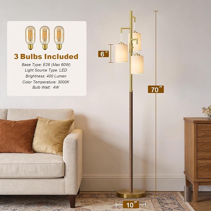 70" Dimmable Floor Lamp Wood Floor Lamps for Living Room Bedroom Mid Century Modern Floor Lamp Gold Standing Lamp Tall Lamps for Office Nursery Reading Elegant Stand Up Lamp, 3 Bulbs Included
