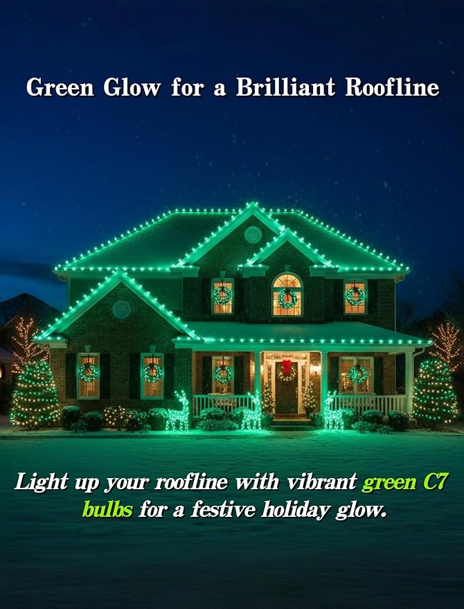 25 Pack C7 Green Christmas Replacement Bulbs C7 5W Green Vintage Ceramic Light Bulbs for Christmas Night Light Candle Lamp St. Patrick's Day Decor,E12 Candelabra Base