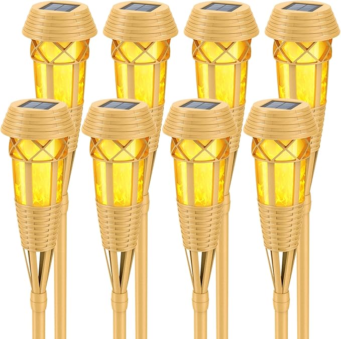Solar Outdoor Lights – Torches with Flickering Flame for Garden Decor, Waterproof Garden, Outdoor Patio & Pathway Yard Decorations with Flame Torches - 8 Pack