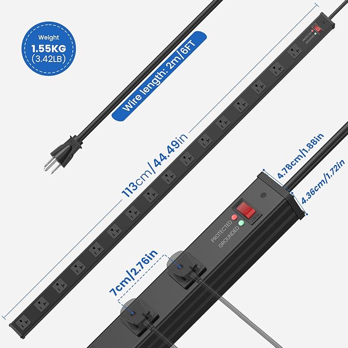 JUNNUJ Long 16 Outlet Power Strip Surge Protection 4800J, Wide Spaced Industrial Heavy Duty Outlets with 20Amp Switch, High Amp Extension Cord 6-20R T-Slot 6FT Black