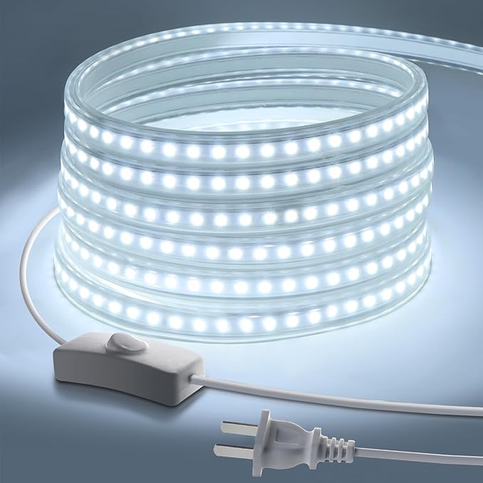 Super Bright Outdoor LED Strip Lights, AC 110V 6500K Flexible LED Rope Lights Waterproof 600 LEDs 16.4ft LED Light Strip White for Garden Patio Cabinet Bedroom Indoor Outdoor Decor(16.4FT, White)