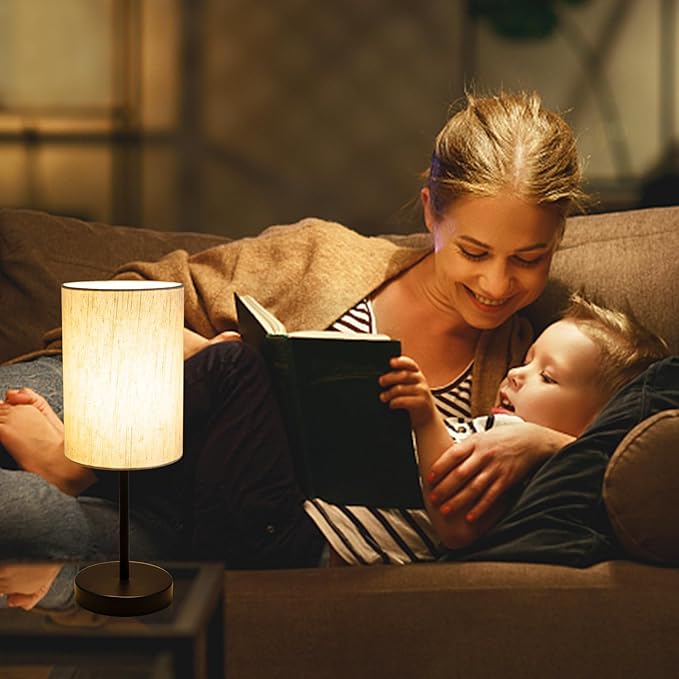 2 Pack Small Table Lamps for Bedroom, Bedside Lamps for Nightstand with Wire Switch, Minimalist Modern Desk Lamps with Linen Fabric Shade for Kids Room Living Room Office Dorm, Bulb Included