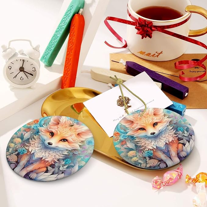Cute Animal Fox Flowers Christmas Ornaments, Christmas Decorations Xmas Tree Hanging Ornaments, Round Ceramic Festive Keepsake Gift for Christmas Decorations Holiday Home Party Decors