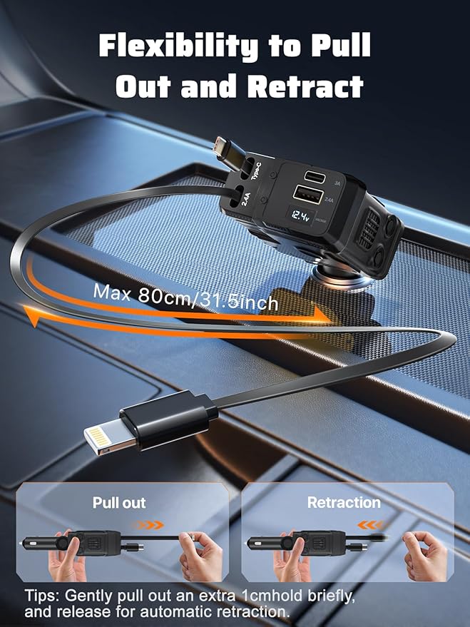 Retractable Car Charger with Retractable Cables (31.5 inch), 4 in 1 Super Fast Car Phone Charger, 2 USB Ports Car Charger Adapter, Compatible with iPhone 15 14 13 12 11 Pro Max, iPad, Pixel