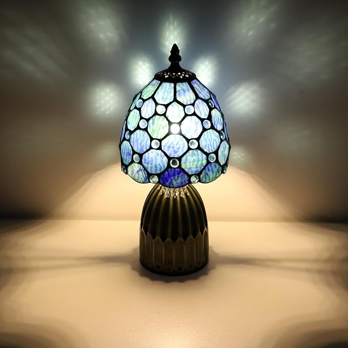 Tiffany Lamp Stained Glass Mushroom Table Lamps 6X6X12.5 Inch Blue Ripple Pearl Style Small Night Light Ceramic Base Mini Accent Desk Light Suitable for Bedside Table Bedroom Children Room