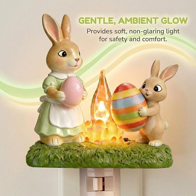 Easter Night Light - Bunny Campfire Plug in Wall, Mother & Baby Rabbit Lamp with Flickering Flame, Handmade Resin Easter Home Decor, Warm Nightlight for Bedroom Nursery or Festive Gift