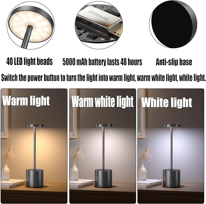 2Pack Cordless Table Lamp, Rechargeable LED Battery 5000mAh Metal USB Portable Powered Desk Lamp, 3 Levels Brightness Light for Restaurants Outdoor (2pack 10.25in Grey)