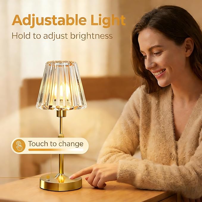 Crystal Glass Table Lamp - Cordless & Rechargeable with 5200mAh, Warm White Stepless Dimming, Portable Reading Light for Bedroom Nightstand, Living Room Home Decor