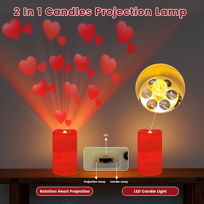Flameless Candle Heart Projector Light,Valentines Day Decorations Candles Lamp with Romantic Red Heart Projector Lights, LED Candle with Remote and Timer for Girl Women Mom (Red - Heart)