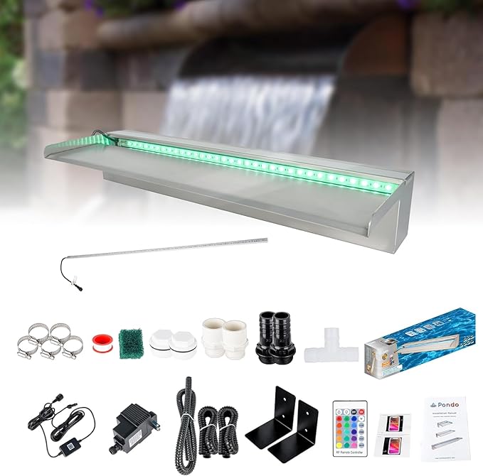 36'' APP 316 Stainless Steel Spillway with 16-Color LED Light Bar, Salt Water Corrosion Resistant Lighted Waterfall Pool Fountain Designed for Seawater Use, Waterfall Spillway for Garden Outdoor