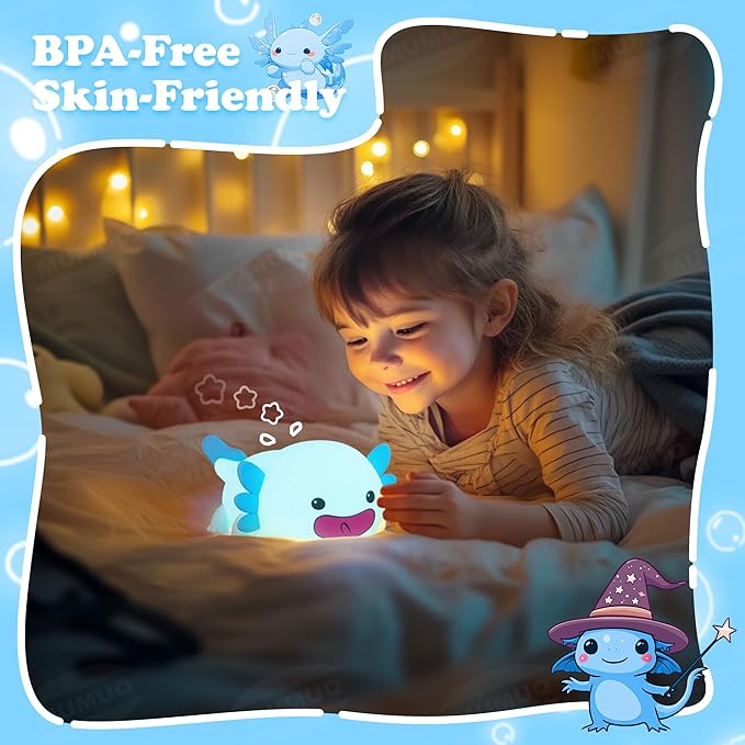 Axolotl Night Light, LED Cute Silicone Nursery Nightlight for Kids, Dimmable Squishy Night Light Rechargeable Touch Bedside Lamp with 20 Minutes Timer, Axolotl Gift, Funny Decor, Blue