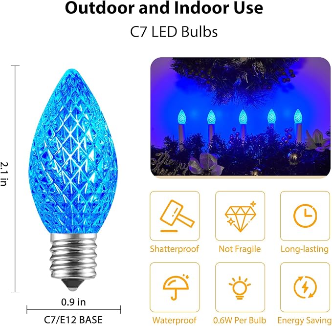 Minetom 25 Pack C7 LED Christmas Lights Bulbs, Shatterproof Replacement for String Lights, E12 Candelabra Base, Commercial Grade Dimmable Holiday Bulbs, Blue