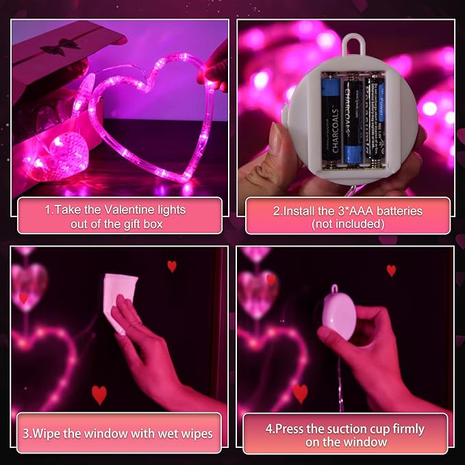 3 Pack Valentines Day Window Lights Decorations with Timer, Battery Powered Hanging Pink Lighted Heart Shaped Silhouette Sucker LED Lamp for Fireplace Indoor Home Decor