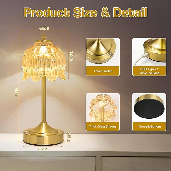 Cordless Lotus Flower Table Lamp, 5200mAh Rechargeable Battery Operated Portable Lamp, 3-Color Dimmable Touch Control Small Desk Lamp for Bedroom, Office, Kitchen, Nightstand,Room Decor (Flower Amber)
