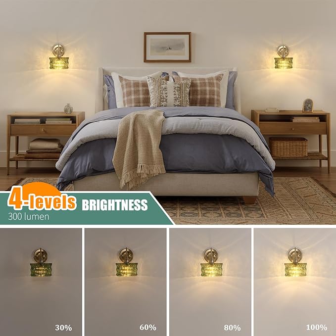 Battery Operated Wall Sconce Set of 2, Vintage Rechargeable Wall Lights with Green Ripple Glass Shade, Wireless Indoor Wall Lamp with Remote for Bedroom Living Room Bathroom