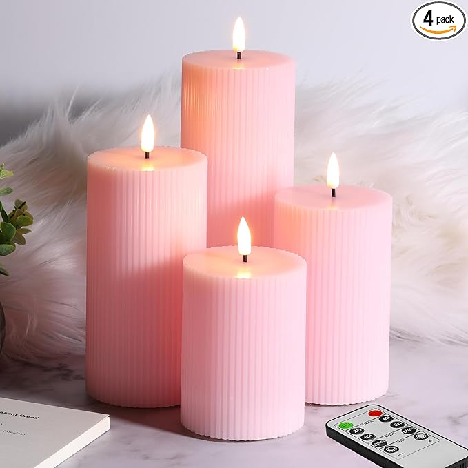 Pink Ribbed Flameless Pillar Candles with Remote, Flat Top Flickering LED Wax Battery Candles Set of 4, Φ 3" H 4" 5" 6" 8"