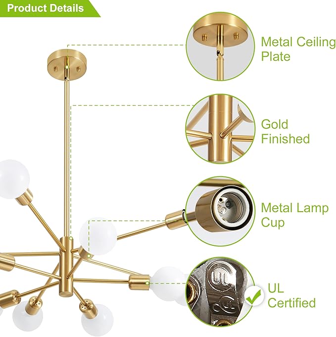 Sputnik Chandelier Modern Gold Chandelier Mid Century Ceiling Lighting Fixtures 10 Lights E26 for Living Room, Kitchen Island, Bedroom, Dining Room, and Farmhouse