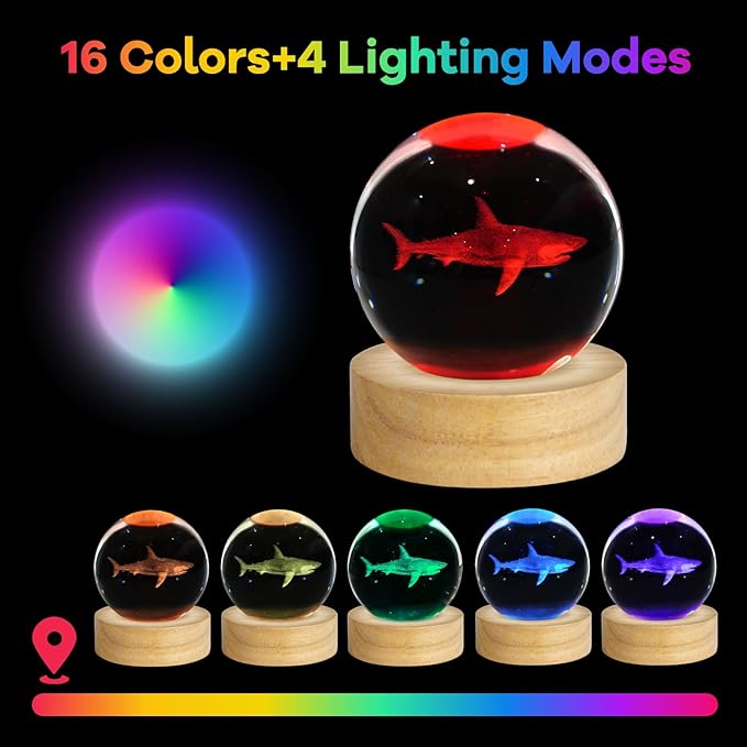3D Crystal Ball Night Light 2.4in Shark Figurines Decor Table Lamp With 16 Colors Change - Stuff for Room Birthday Christmas Toys Gifts for Kids Friends Women Shark Lovers