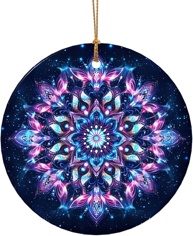 Glowing Mandala Bohemian Christmas Ornaments, Christmas Decorations Xmas Tree Hanging Ornaments, Round Ceramic Festive Keepsake Gift for Xmas Decorations Holiday Home Decor