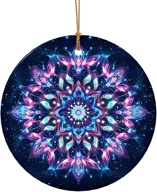 Glowing Mandala Bohemian Christmas Ornaments, Christmas Decorations Xmas Tree Hanging Ornaments, Round Ceramic Festive Keepsake Gift for Xmas Decorations Holiday Home Decor