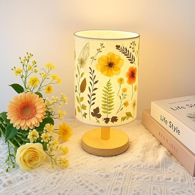 Dried Flowers Table Lamp, Vintage Floral Beside Lamp,5w Led 3-Color Cute Linen Shade Desk Lamp for Bedroom Office Nursery with Wood Base