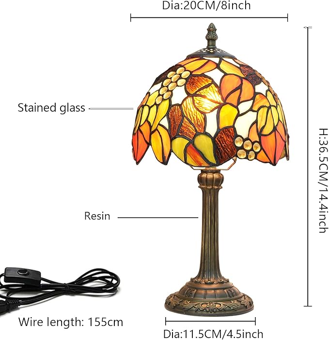 Tiffany Stained Glass Table Lamp, 8-Inch Retro Brown Maple Leaf Design Lovely Bedside Lamp, Suitable for Bedroom, Restaurant, Cafe and Other Furniture Decoration