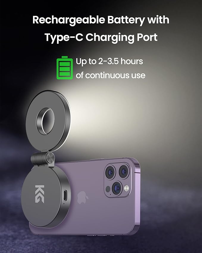KraftGeek Magnetic Selfie Light for iPhone, Portable Phone Ring Light with Rechargeable Battery, Compact LED Phone Light for Travel, Video Recording, Vlogging